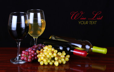 Wine Bottles and Glasses of Wine over black background.