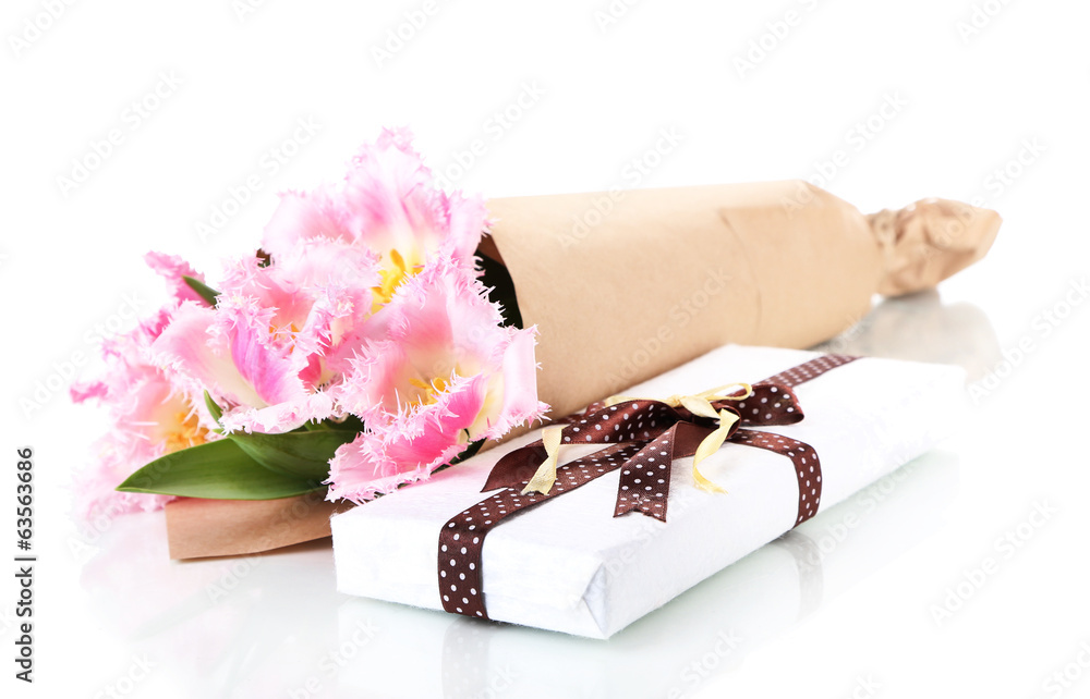 Beautiful tulips and gift box, isolated on white