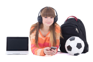 Wall Mural - teenage girl in headphones with laptop and phone isolated on whi