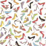 Seamless lady's shoes colorful pattern. White background.
