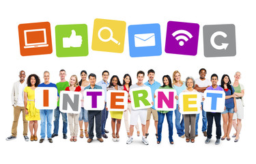 Wall Mural - Multi-Ethnic Group Of People Holding Internet