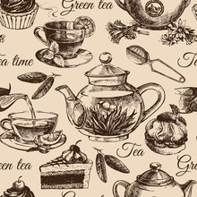 Tea And Cake Seamless Pattern. Hand Drawn Sketch Illustration