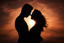 Couple In Love Silhouette During Sunset, Romantic Background