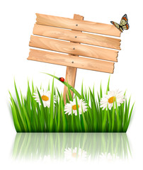 Aufkleber - Nature background with green grass and flowers and wooden sign V