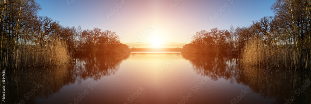 Stunning Spring sunrise landscape over lake with reflections and - obrazy, fototapety, plakaty 