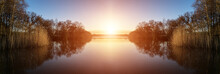 Stunning Spring Sunrise Landscape Over Lake With Reflections And