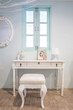 Vintage white wooden vanity table, chair and mirror