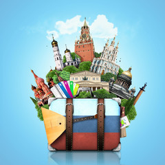 Wall Mural - Russia, landmarks Moscow, retro suitcase, travel