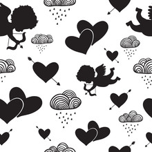 Love Cupids Hearts Arrows And Clouds Seamless Pattern