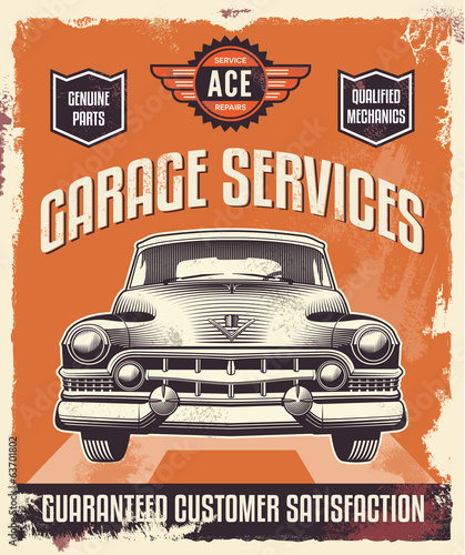 retro-vintage-znak-plakat-reklamowy-klasyczny-samochod-garaz