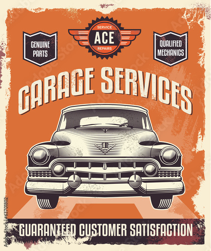 Naklejka dekoracyjna Retro vintage sign - Advertising poster - Classic car - garage