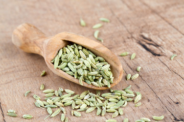 Sticker - fennel seed in a wooden scoop on table