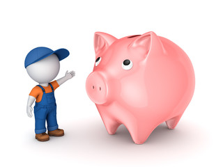 Canvas Print - 3d small person in workwear and piggy-bank.