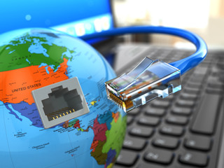 Aufkleber - Internet concept. Laptop, earth and ethernet cable.