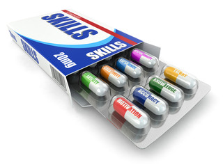 Skills for success. Box of pills with a list of positive qualiti