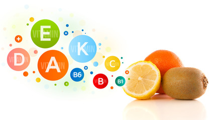 Wall Mural - Healthy fruits with colorful vitamin symbols and icons