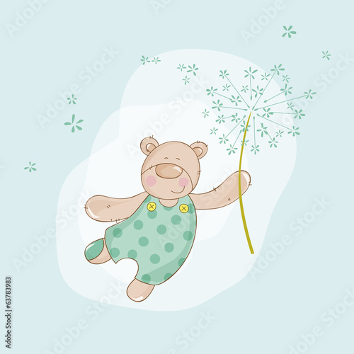 Naklejka samoprzylepna Karta baby shower lub przylot - baby bear z kwiatem - w wektorze