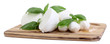 Tasty mozzarella with basil on wooden board isolated on white