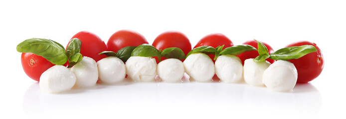 Sticker - Tasty mozzarella cheese balls with basil and red tomatoes,