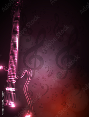 Plakat na papierze fotorealistycznym Nuta i neon light gitara, tło muzyka grunge