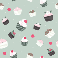 Seamless Cupcakes And Berries Background - Pale Green Color.