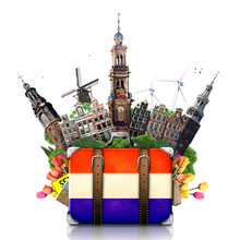 Holland, Amsterdam Landmarks, Travel And Retro Suitcase