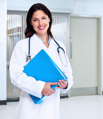 Poster - Smiling medical doctor woman with stethoscope.