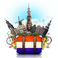 Holland, Amsterdam Landmarks, Travel And Retro Suitcase