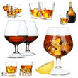 Collage of brandy glasses with ice cubes isolated on white