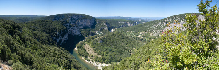 Panorama image of a bend in the Ardeche gorge, France