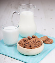 Chocolate Chip Cookies With Milk On The White Table