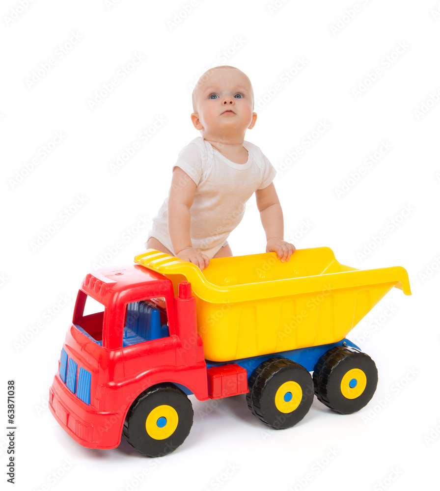 Infant child baby boy toddler with big toy car truck Stock Photo Adobe Stock