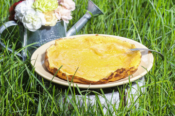 Canvas Print - Omelet at garden party. Bouquet of carnations in silver watering