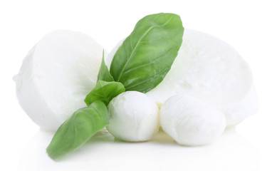 Canvas Print - Tasty mozzarella with basil isolated on white