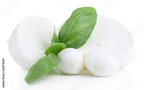 Fotografía Tasty mozzarella with basil isolated on white