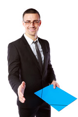 Poster - Handsome businessman offering handshake over white background