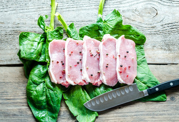 Poster - Raw meat steaks on spinach leaves