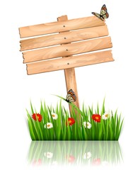 Aufkleber - Nature background with green grass and flowers and wooden sign V