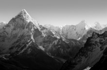 Spectacular Mountain Scenery Of Ama Dablam On The Mount Everest Base Camp Trek Through The Himalaya, Nepal In Stunning Black And White