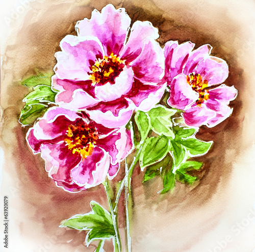 Fototapeta na wymiar Painted watercolor card with peony flowers