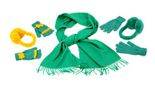 Green Fringe Winter Scarf, Gloves And Earmuffs Isolated On White