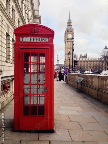 Naklejka na drzwi Red Telephone Booth and Big Ben in London, UK.