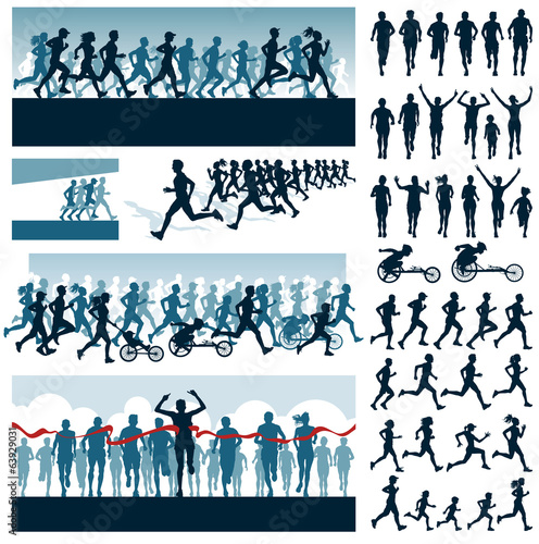 Foto Vector bearbeitbare Etiketten und Silhouetten von laufenden Menschen