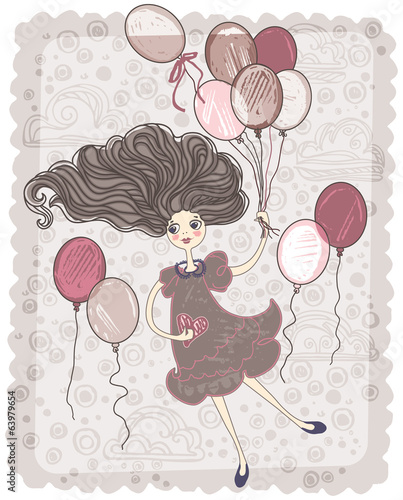 Foto-Vorhang - Retro card. Girl with balloons. (von difinbeker)