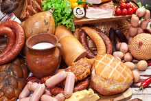 Variety Of Sausage Products, Cheese, Eggs And Vegetables.