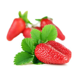 Strawberries with leaves isolated on white