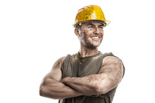 Portrait Of Dirty Worker With Helmet Crossed Arms
