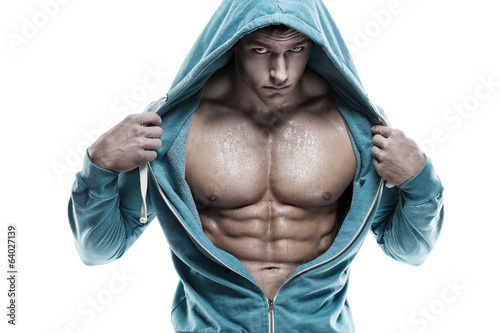 Board z aluminiowym obramowaniem Silny, lekkoatletyczny mężczyzna fitness model tułowia pokazano sześć pack abs. 