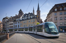 Modern Tram On The Streets Of Strasbourg, France