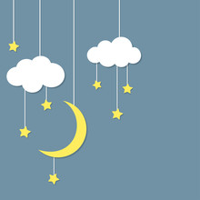 Night Background With New Moon, Stars And Clouds Hanging